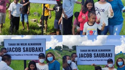 Foto. Ahli Waris dari Almarhum Jacob Saubaki pasang plang hak milik atas lahan depan hotel sasando.