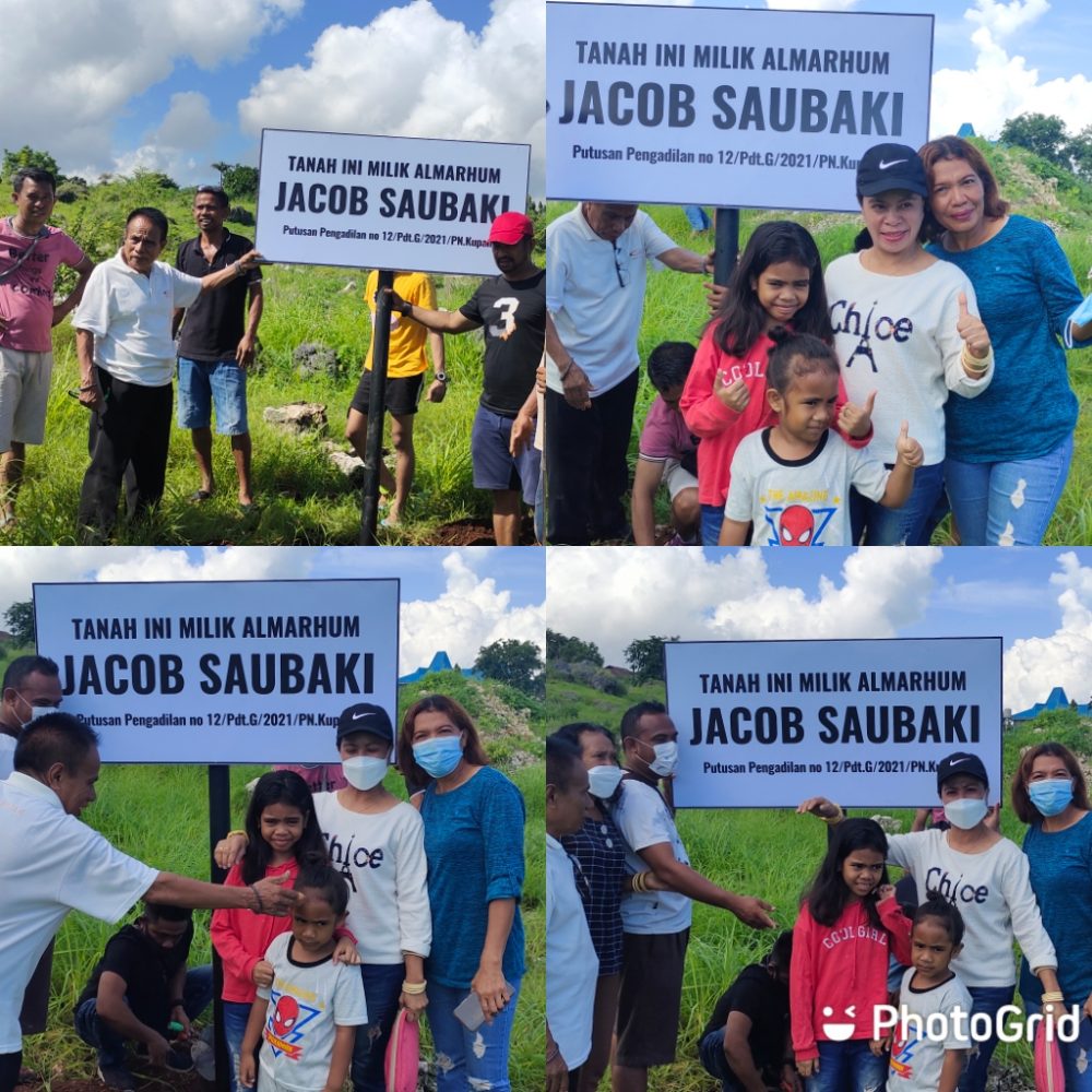 Foto. Ahli Waris dari Almarhum Jacob Saubaki pasang plang hak milik atas lahan depan hotel sasando.