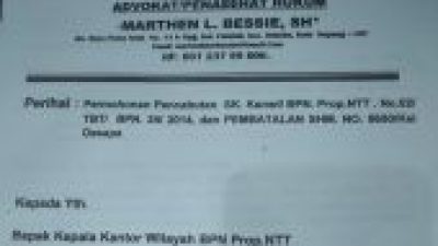 Foto. Petikan surat Kuasa Hukum Silvester Chanistan, yang Minta BPN NTT Segera Cabut SK dan SHM No 5650 di Kelurahan Oesapa.