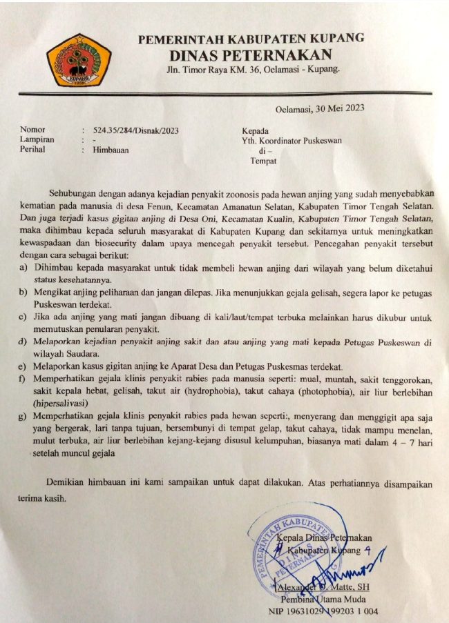 Foto. Pemerintah Kabupaten Kupang Keluarkan Surat Edaran Waspada Rabies.
