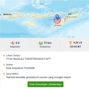 Gempa Terkini M 6,0 Guncang NTT, Tidak Berpotensi Tsunami