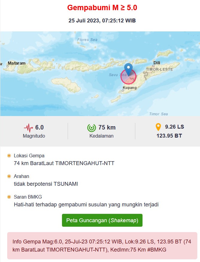 Foto. Gempa Terkini M 6,0 Guncang  NTT, Tidak Berpotensi Tsunami.