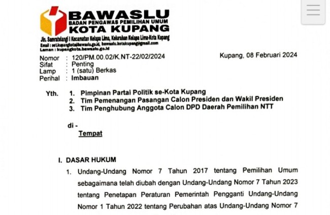 Foto. Masuk Masa Tenang Pemilu 2024, Bawaslu Kota Kupang Keluarkan Surat Imbauan.
