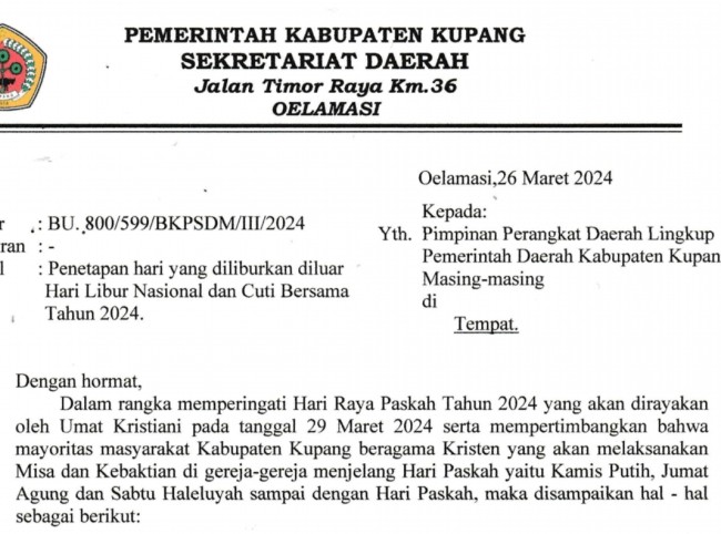 Foto. Pemerintah Kabupaten Kupang Keluarkan Surat Edaran Cuti Bersama Hari Raya Paskah.