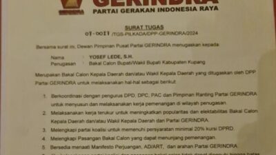 Partai Gerindra Resmi Berikan Surat Tugas Kepada Yosef Lede di Pilkada Kupang 2024