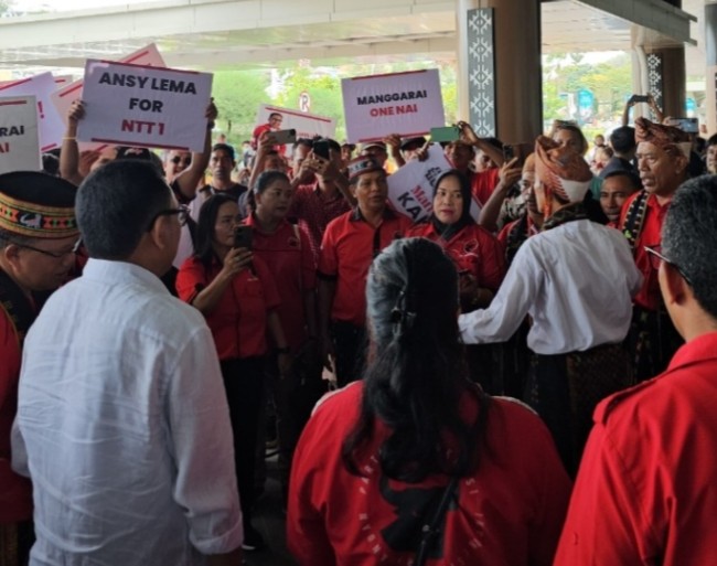 Foto. Sambut Cagub NTT Ansy Lema, Ratusan Massa Membludak di Bandara Komodo Manggarai Barat.