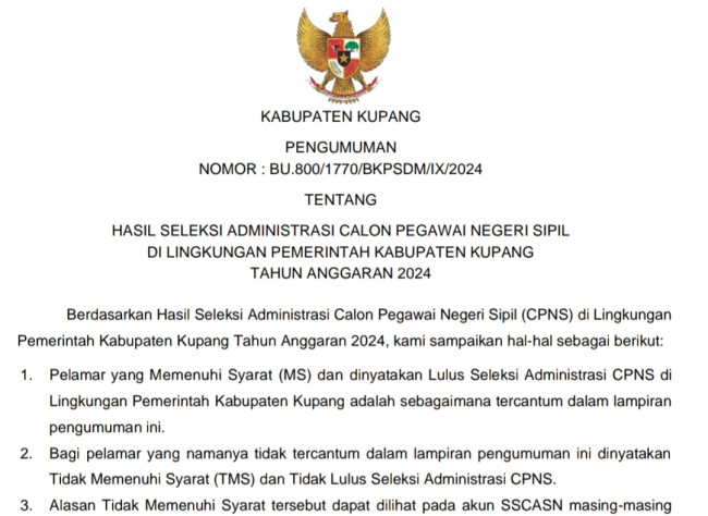 Foto. PengumumaHasil Seleksi Administrasi CPNS Pemkab Kupang.
