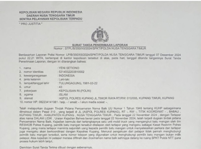 Foto. Kasus Dugaan Pencemaran Nama Baik Kasat Reskrim Polres Kupang Berlanjut Ke Polda NTT.