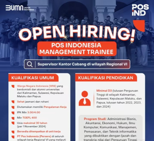 Foto. Segera Daftar! PT Pos Indonesia Buka Lowongan Kerja, Ini Kualifikasinya.