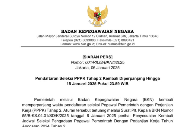 Foto. Kabar Baik! Pempus Perpanjang Pendaftaran Seleksi PPPK Tahap 2 Hingga 15 Januari 2025.