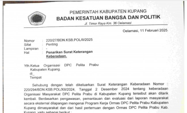Foto. Catut Nama Bupati Kupang Terpilih, SKK Ormas Pelita Prabu Dicabut.