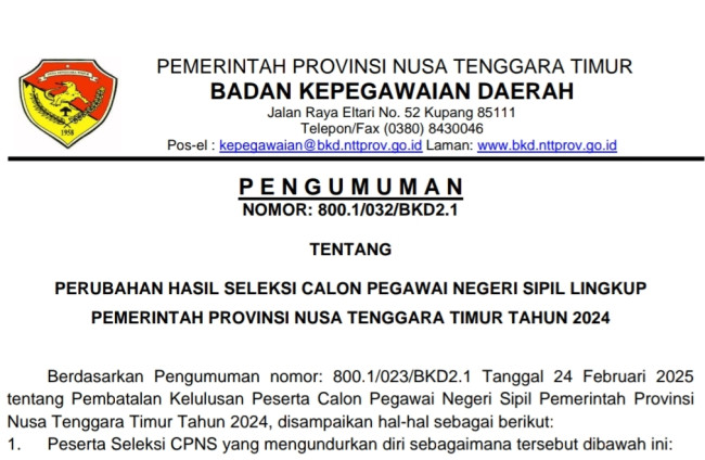 Foto. Pemerintah Provinsi NTT Resmi Umumkan Perubahan Hasil Seleksi CPNS Tahun 2024.