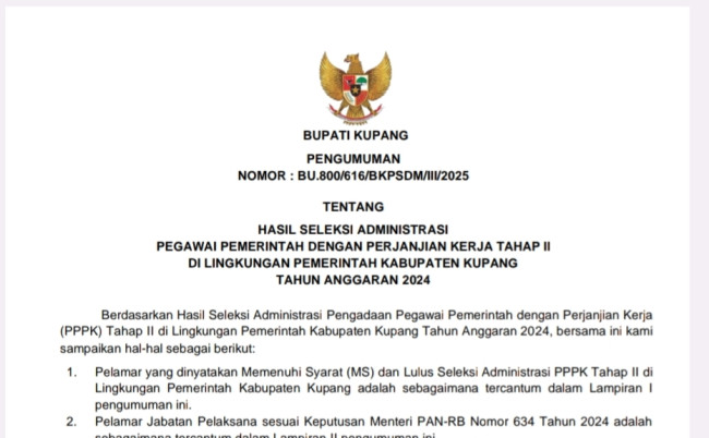Foto. TOK! Pemkab Kupang Umumkan Hasil Seleksi Administrasi PPPK Tahap 2 Tahun 2024.
