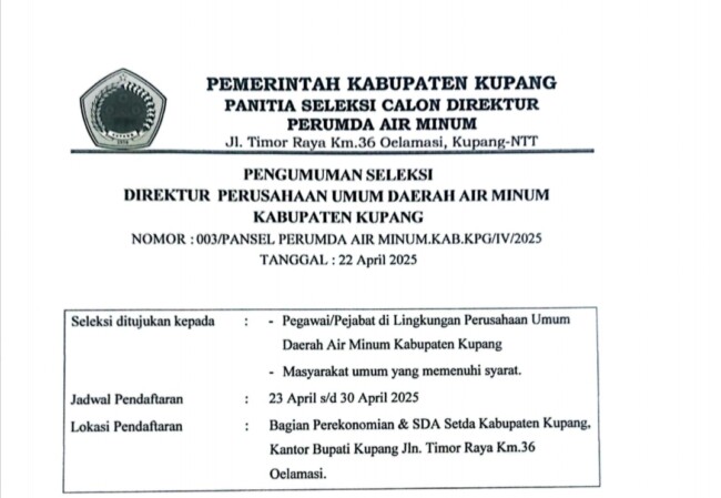 Pemkab Kupang Buka Seleksi Direktur PDAM: Kesempatan Terbuka untuk Internal dan Masyarakat Umum.