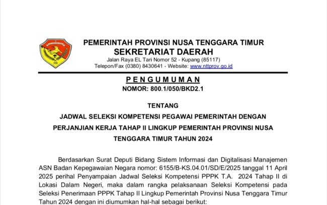 Pemprov NTT Umumkan Jadwal Resmi Seleksi Kompetensi PPPK Tahap II Tahun 2024.