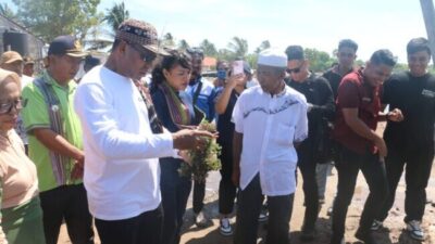 Wakil Gubernur NTT Johni Asadoma meninjau lokasi budidaya rumput laut di Sulamu bersama masyarakat pesisir.