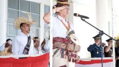 Bupati Kupang Yosef Lede mengenakan pakaian adat Amarasi saat memimpin upacara Hardiknas 2025 di Kupang.