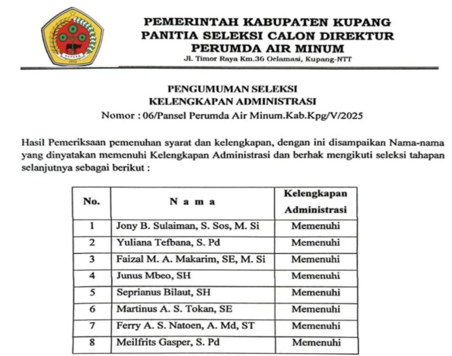 Seleksi Direktur PDAM Kabupaten Kupang Memasuki Tahap Uji Kelayakan: 9 Peserta Lolos Administrasi.