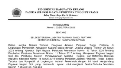Dokumen pengumuman seleksi terbuka Sekretaris Daerah Kabupaten Kupang tahun 2025.